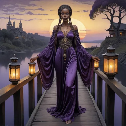 Prompt: fantasy art, oil painting, female lich with Black girl features with chestnut brown hair in a single braid, wearing an elaborate purple silk robe. full body, masterpiece, highest quality, hyperdetailed, ultra-realistic, textured skin, sharp focus, walking across a bridge under the sunset, with lanterns by John Bauer illustrations.