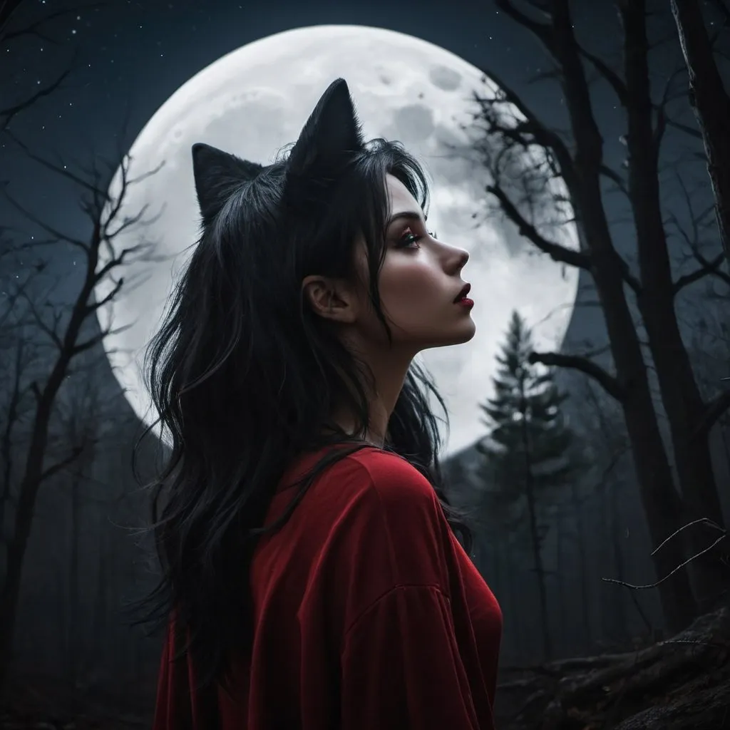 Prompt: femme réaliste, cheveux noir, foret, nuit, univers dark romance, loup démoniaque, terre sombre, lune rouge, ciel noir, créature démoniaque image format 4K 