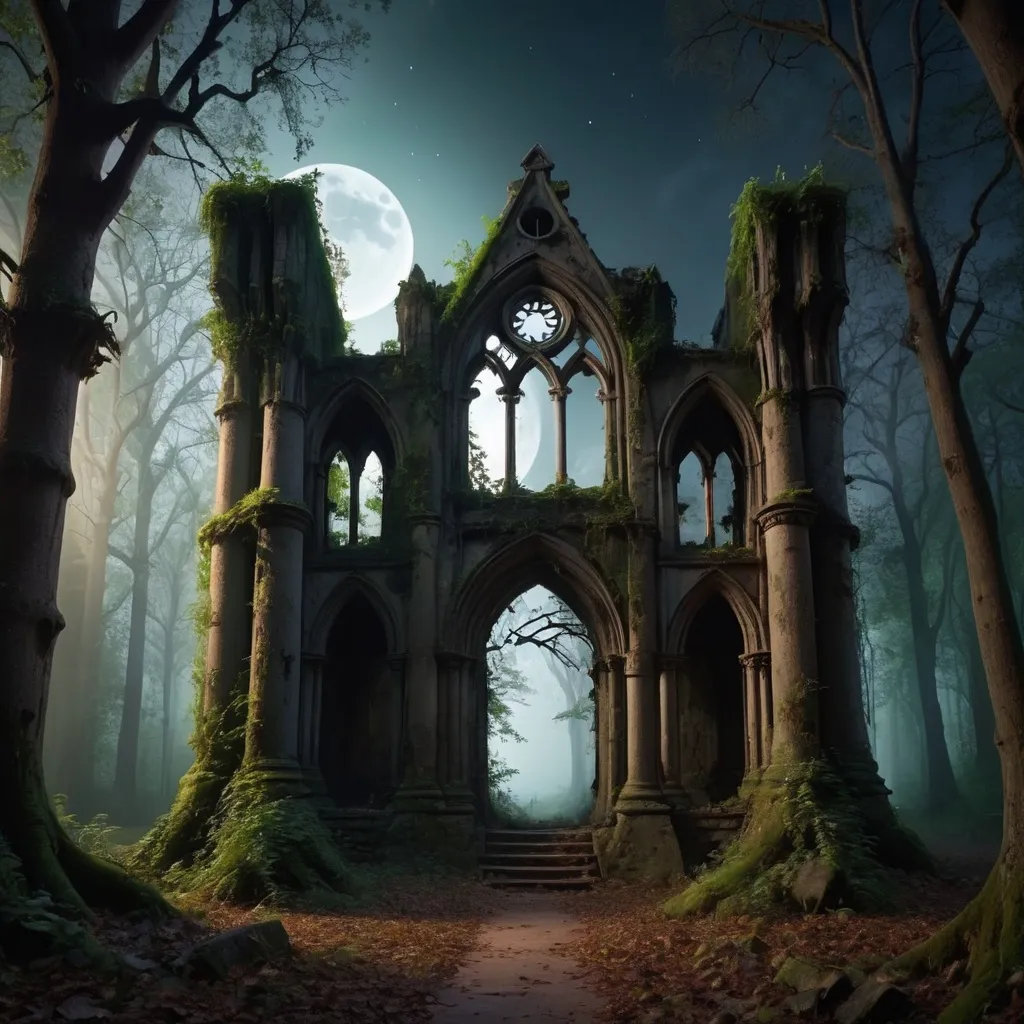 Prompt: HD, 4K, 3D, Stunning, magic, cinematic camera, two-point perspective, gothic ruin in the forest, without ceiling, ancient trees, moonlight, gothic ruin in the forest, magical night