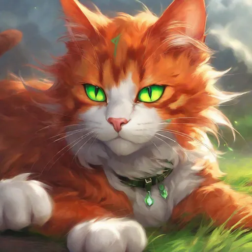 Prompt: warrior cat with {fiery orange fur} and bright green eyes, young male cat, epic anime portrait, beautiful 8k eyes, fine oil painting, intense, lunging at viewer, wearing shiny bracelet, solid red belly, worm's eye view, zoomed out view of character,  (unsheathed claws), visible claws, 64k, hyper detailed, expressive, intense, hissing cat, aggressive, intelligent, lithe, small, covered in scratches and scars, thick billowing mane, glistening golden fur, golden ratio, precise, perfect proportions, vibrant, prowling by a sun-bathed river, hyper detailed, dynamic, complementary colors, UHD, HDR, top quality artwork, beautiful detailed background, unreal 5, artstaion, deviantart, instagram, professional, masterpiece