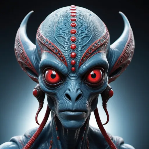 Prompt: An image of an alien in blue-skinned creature with a unique and intricate design on its head. It has a large head with a prominent forehead, and its red eyes are wide open, giving it a captivating appearance. The alien's head is adorned with a decorative design, which adds to its distinctive and otherworldly look. The overall appearance of the alien suggests that it might be a character from a science fiction or fantasy story. ( controlnet_mode:canny juggernautXL_v5, sdxl-1. 0. 0. 9. safetensors, SeargeSDXL4. 1-Llama2 prompt generator)