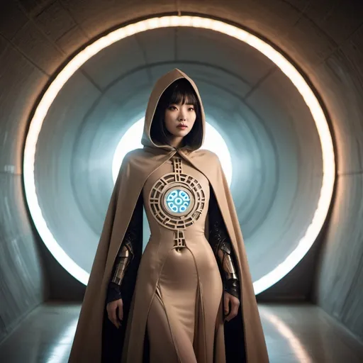 Prompt: <mymodel>a woman in gossimer cloAk, android, her body is a combination flesh and tech , protection runes imprinted in skin standing tall in a tunnel with a circular light in the background and a circular light in the middle, Fan Kuan, retrofuturism, cosplay, a character portrait