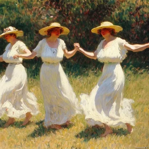 Prompt: “Dancing MILFs, Summer, 1909” painted by Frank Weston Bendon, 1909, oil on canvas, American impressionist 