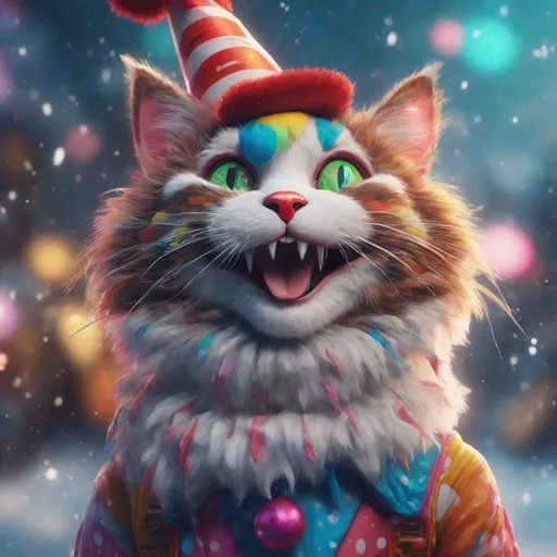 Prompt: Clown cat, happy new year vibes, style by loish, holiday, snow, ultra hd, realistic, vivid colors, highly detailed, UHD drawing, pen and ink, perfect composition, beautiful detailed intricate insanely detailed octane render trending on artstation, 8k artistic photography, photorealistic concept art, soft natural volumetric cinematic perfect light