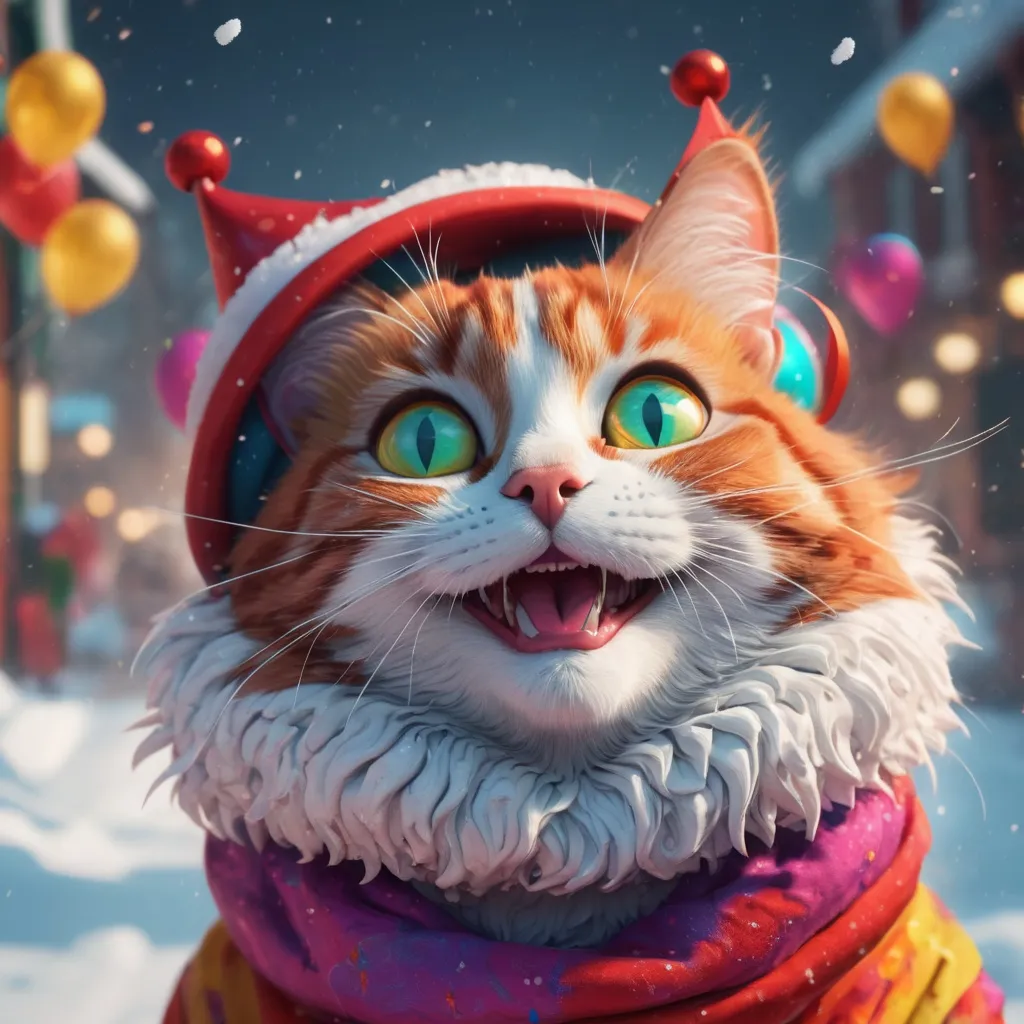 Prompt: Clown cat, happy new year vibes, style by loish, holiday, snow, ultra hd, realistic, vivid colors, highly detailed, UHD drawing, pen and ink, perfect composition, beautiful detailed intricate insanely detailed octane render trending on artstation, 8k artistic photography, photorealistic concept art, soft natural volumetric cinematic perfect light