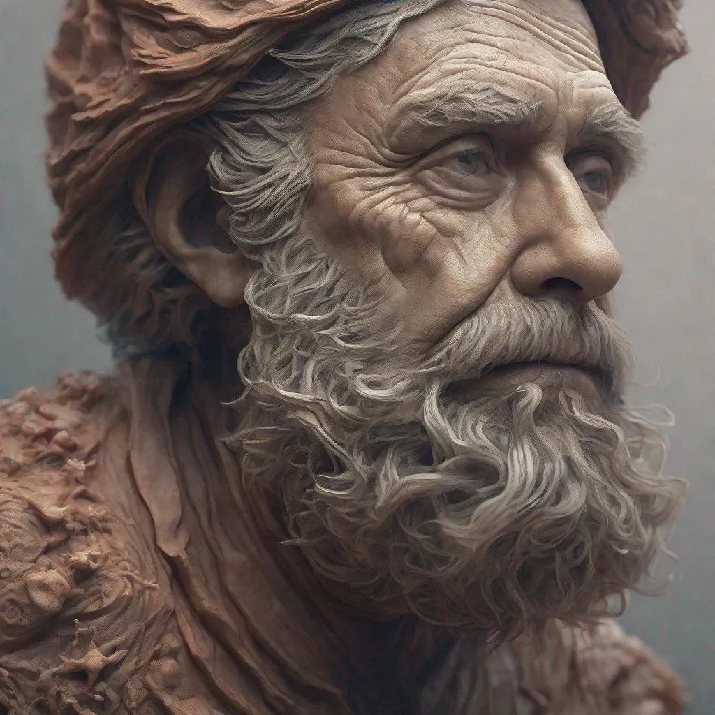 Prompt: an old man, with black hair, with his chin and beard, in the style of hyperrealistic marine life, organic biomorphic forms, uhd image, terracotta, dan mumford, low depth of field, janek sedlar