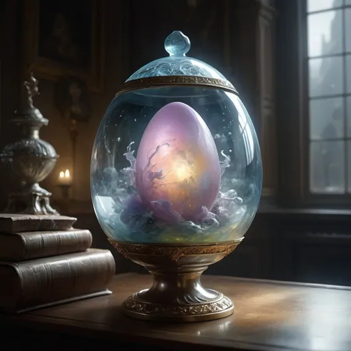 Prompt: Glass jar in the shape a Fabergé egg | light particles flying around, detailed_fantasy_background, hyperdetailed; by Kim Keever, Antoine Collignon, Wadim Kashin, Tim Burton, Peter Mohrbacher, realism; incredible composition; dynamic_lighting; meticulously composed concept art, fascinating_stars, masterpiece, mystic fog, digital illustration, Reflections, cell-shaded, Volumetric_lighting by Samuel John Peploe