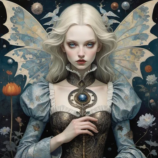 Prompt: comics cover by Bastien Lecouffe-Deharme, Hayv Kahraman, Erik Madigan Heck, Nicholas Hughes, Nicholas Hilliard, Daarken, faerietale couture, dark fantasy:: Whimsical beauty alice in wonderland, decoupage, intertwined with encaustic painting, impasto, ethereal foggy, craquelure, egg tempera effect, plethora of pokemons lanquerware with mother of pearl inlay, vampiress godess, spread dark dragon iridescent wings, in the asterism sky, medieval armor with geoglyph engraves, in action, with a heliocentric kinetic glowing spear, 