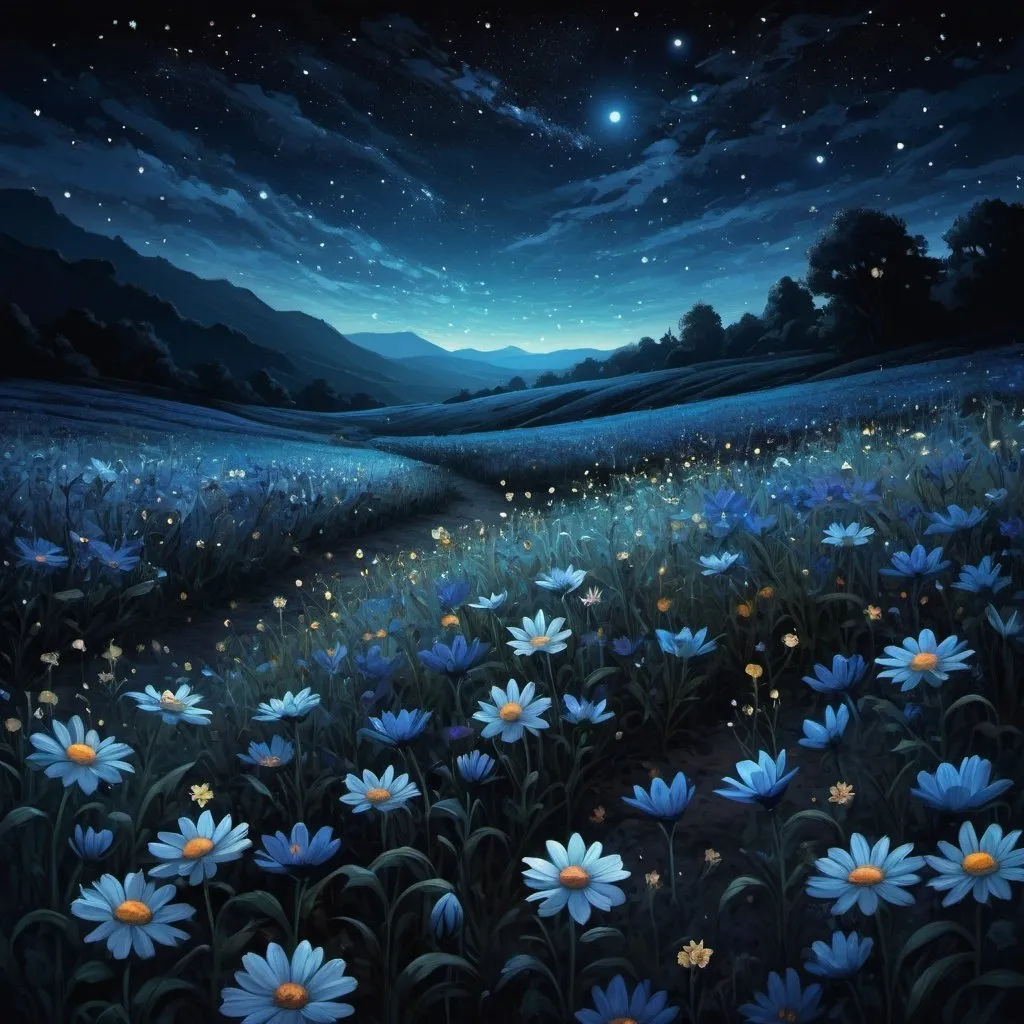 Prompt: close-up flower field at the bottom, lots of flowers, starry night sky above, midnight, no light, blue tint, completely dark surroundings, pitch black, fantasy feeling