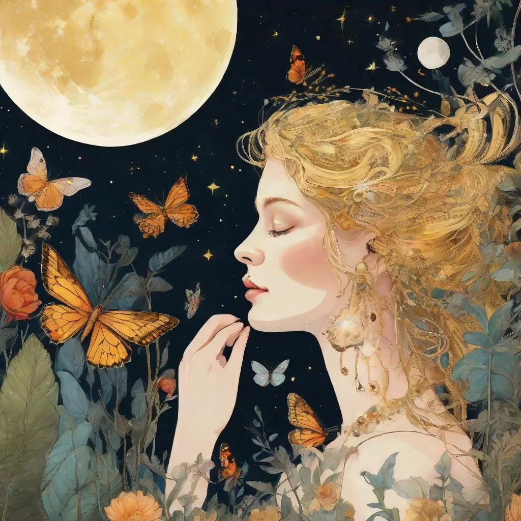 Prompt: A profile beautiful and colourful picture of Persephone with pure gold hair surrounded by plants, moths and animals framed by the moon and constilations