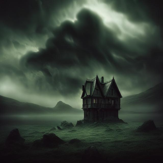 Prompt: Mystical photo of a surreal landscape, storm, small house, enchanting, foggy ambiance, mysterious lighting, dark tones, gothic aesthetic, hauntingly beautiful, trending on art platforms, art by dark fantasy artist.