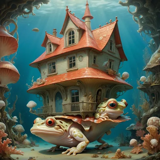 Prompt: a underwater house, made of a granulated frog seashell. art by James jean, Jacek yerka, Jean Baptiste Monge, Daniel Merriam. 