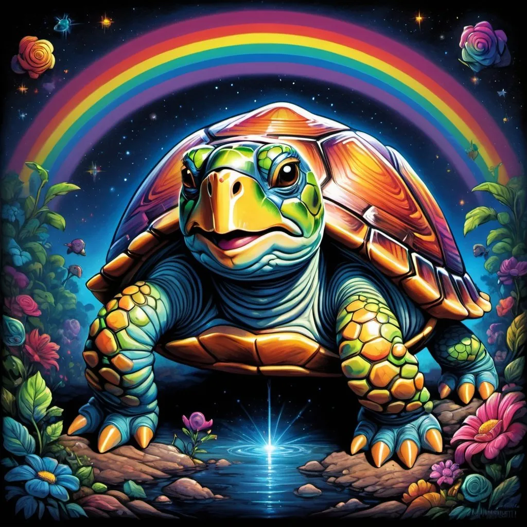 Prompt: a groovy turtle, peace and love vibes, rainbows, cartoon, Rainbow Brite style, centered, symmetry, painted, intricate, volumetric lighting, beautiful, rich deep colors masterpiece, sharp focus, ultra detailed, in the style of dan mumford and marc simonetti, astrophotography