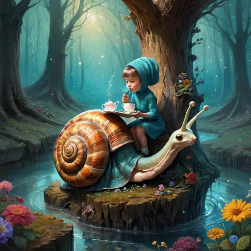 Prompt: by Alejandro Burdisio By Yossi Kotler digital painting 

brush art, 

a close up of a girl in a snail costume sitting on a stump and drinking tea, the detailed cute with big eyes and his fairytale surreal nest by Crayola, 

magic forest, 

flowers, 

berries, 

by Andy Kehoe, 

John Blanche, 

complex highly detailed background fantasy, 

best quality, 

triadic colors, 

cinematic, 

official art, 

child book illustration, 

whimsical, 

filigree, 

filigree detailed, 

intricate, 

cute, 

swirling colors, 

starry sky by Van Gogh, 

swirling colors, 

Deep Teal, 

Sea Caller, 

Waterway, 

Ice Effect and Chic Brick, 

Broken Glass effect, 

no background, 

stunning, 

something that even doesn't exist, 

mythical being, 

energy, 

molecular, 

textures, 

iridescent and luminescent scales, 

breathtaking beauty, 

pure perfection, 

divine presence, 

unforgettable, 

impressive, 

breathtaking beauty, 

Volumetric light, 

auras, 

rays, 

vivid colors reflects

