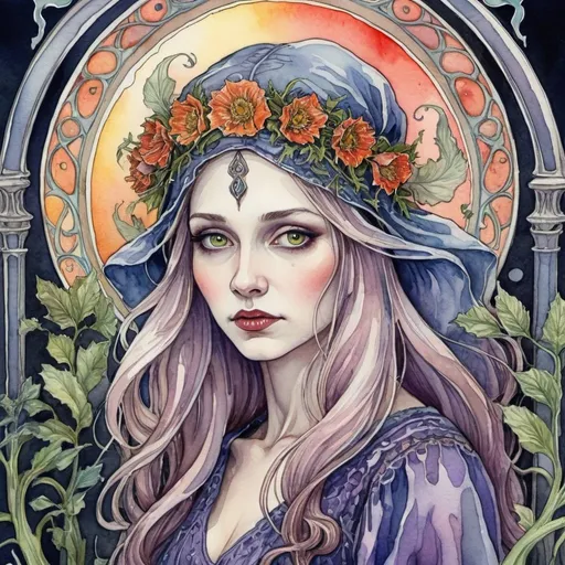 Prompt: Scary tales. Vasilisa the Wise. Horror, mysticism, dark fantasy style, dark botanical High detail, detailed drawing, high resolution, watercolor painting in art nouveau style, bright colors
# fairy tale# Horror# young woman# Vasilisa the Wise#watercolor​# Art Nouveau# Mystic