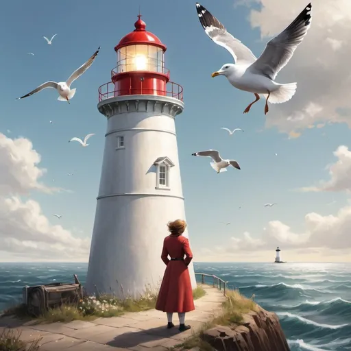 Prompt: From that day on, seagull spent his days with woman  Flora. He learned about the importance of the lighthouse and how it guided ships at sea. The lighthouse was like a beacon of hope for those lost at sea, just like Pip. 