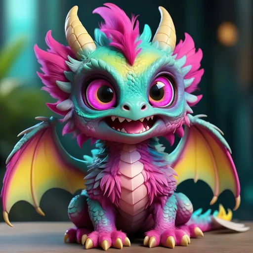 Prompt: an adorable and fluffy baby dragon with big color eyes, with soft feathers and wings, Cute, Colorful magenta aqua gradient fur, giant yellow cute beatiful detailed chibi eyes, cutie, eye contact, 8k, hdr, RAW, hyperrealistic, extremely detailed, sharp focus, natural lighting