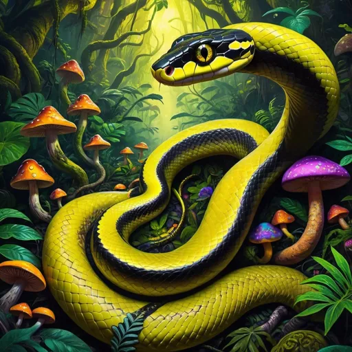 Prompt:  Black and yellow snake with absorbing black eyes, coiled in the lush Amazon rainforest, gaze fixed upwards, amidst a vibrant tableau of DMT-inspired art and fantastical mushrooms, neon colors, highly detailed, psychedelic patterns, digital painting, vivid colors, ultra-realistic textures, octane rendering.