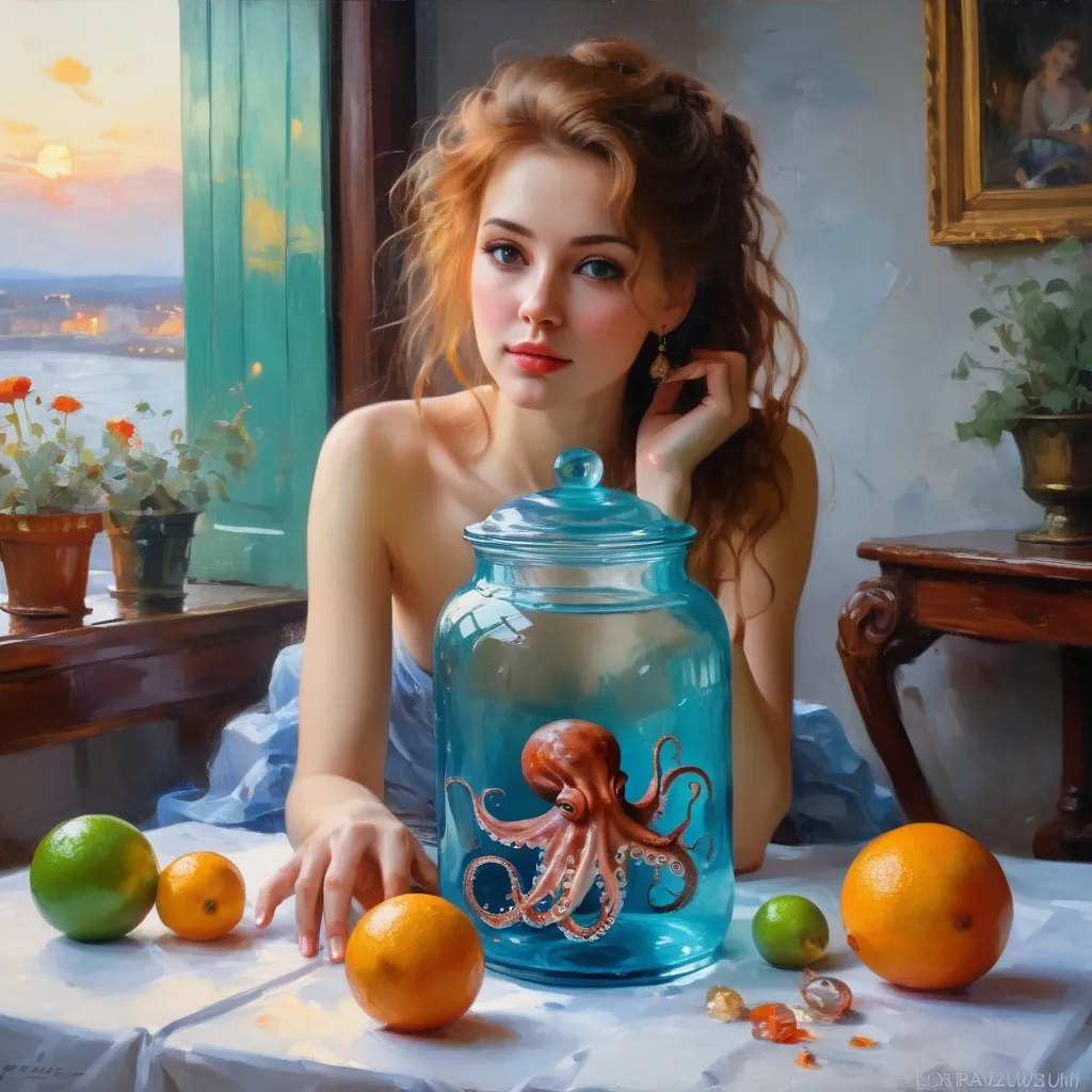 Prompt: (Painting )Galaxy Environment, Moody, Little Octopus in a Magic Jar of Unviable Dream, 8K, Vivid, Ultra Detail | | | | | | |, Color lighting, Surreal photography, portrait(, painting in the style ( (Konstantin Razumov)), Konstantin Razumov, Eduard Leon Cortes, Garmash, Mikhail Garmash, Vladimir Volegov, Volegov, On the terrace, Mikhail Garmash and, based on Mikhail Garmash, Style Pino Daeni)