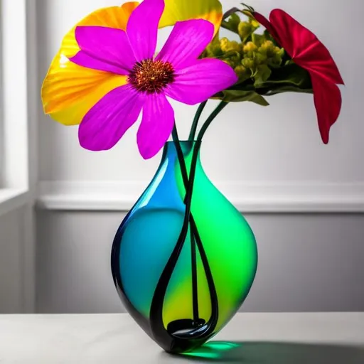 Prompt: Unique and bold colorful vase with one flower in it.