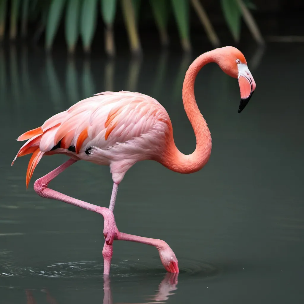 Prompt: standing in water on (((cradles a bent paw))), one black flamingo