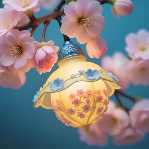 Prompt: Light yellow 💛 light blue, light pink A lighted lamp hanging on a flower tree, Miki Asai Macro photography, close-up, hyper detailed, trending on artstation, sharp focus, studio photo, intricate details, highly detailed, by greg rutkowski