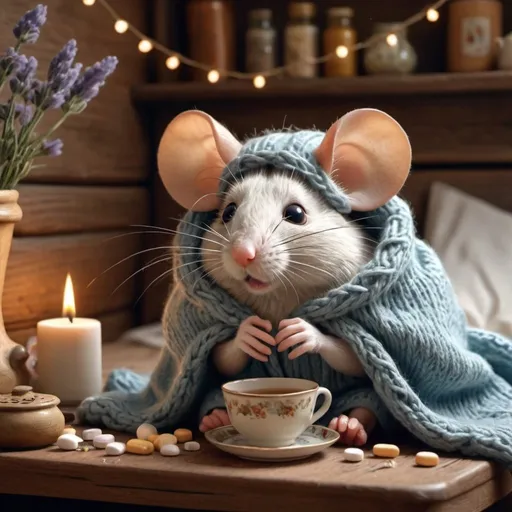 Prompt: A sick Cute sad mouse lies in bed under a blanket, artstation, against the background of a cozy rustic room with garlands of dried herbs, ears and flowers, medicines and pills and a tea set on the table next to the bed, knitted napkins, hyperdetalization