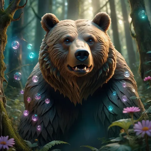 Prompt: This ultra-realistic, high-definition, expertly-cinematographed, computer-generated image features a detailed bear standing in an enchanted forest filled with mystical creatures. The telepathic riders, dressed in ethereal garments, silently communicate as pulsing orbs fill the sky and swirling, translucent textures create a surreal and fantastical atmosphere. The atmospheric haze and soft ethereal lighting add to the enchanting mood, while the intricate creature designs, swirling translucent material, and thick liquid create a mesmerizing texture. The image quality is crisp, sharp, and highly-detailed, with vibrant colors and soft, luminescent lighting. This fantastical and otherworldly scene was created using a digital pen to produce a stunning work of computer-generated imagery.  ,UHD,HDR10,16