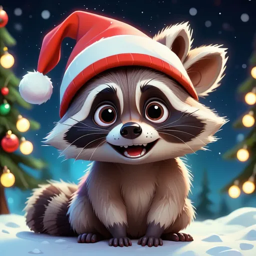 Prompt: Cute Pixar style painting, an adorable raccoon, christmas, midnight, ornaments, christmas tree, gifts, Santa hat, christmas lights, nebula, galaxy, stars, fireflies, glowing,  snow, soft light, 4k, beautiful 