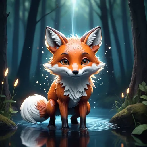 Prompt: Create a hyper-realistic digital illustration of a petite, solemn adorable cute slighty cartoonized fox creature with a hood, exuding an aura of magical control over the elements of fire and water. The fox is in the process of creating a mesmerizing silhouette of a wolf using water and fire. The backdrop is an enchanted forest bustling with brilliant white fireflies and fluttering butterflies. The fox boasts a dense, textured coat, each strand shimmering under the faintly lit nocturnal sky with tiny fireflies brushing against them. As leaves gently descend around the creature, a feel of tranquility and enchantment is emphasized. The scene unfolds on a rough surface reminiscent of tree bark, with a color scheme heavily favoring shades of blue, further accentuating the enthralling, frosty ambiance.