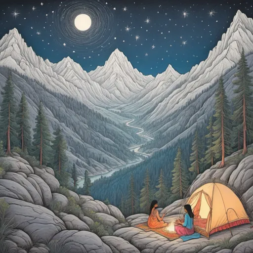 Prompt: Indian drawing  a night in the mountains on a starry night. Line drawing, clean clear lines, coloring book style, bright colors, intricate details, elegant, discreete, serene, peaceful, fine detail, pastel pencils, winsor McCay style.