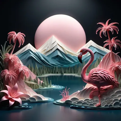 Prompt: Paper quilling moonlit mountain lake with pink flamingo. (Daily Theme: ‘Moonlit Mountain Lake’ + April Tools Day 27: ‘Paper’)

, ultra hd, realistic, vivid colors, highly detailed, UHD drawing, pen and ink, perfect composition, beautiful detailed intricate insanely detailed octane render trending on artstation, 8k artistic photography, photorealistic concept art, soft natural volumetric cinematic perfect light