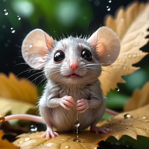 Prompt:  Photo of a tiny fluffy alien mouse, big eyes on wet leaves, falling raindrops, shot with a 90 mm camera, high resolution, photorealism