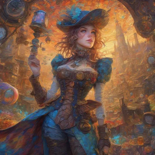 Prompt: Epic post-impressionist art, steampunk theme, bohemian brocade, masterpiece, extremely detailed, Vivid and Unnatural Colors, dynamic brushstrokes, intricate composition, fantasy, wide angle, luminous, colorful painting, UHD, digital illustration, cute and adorable, Arthurian fantasy, Pointillism
