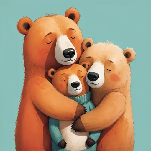 Prompt: happy bears cuddling, cute critters, by oliver jeffers