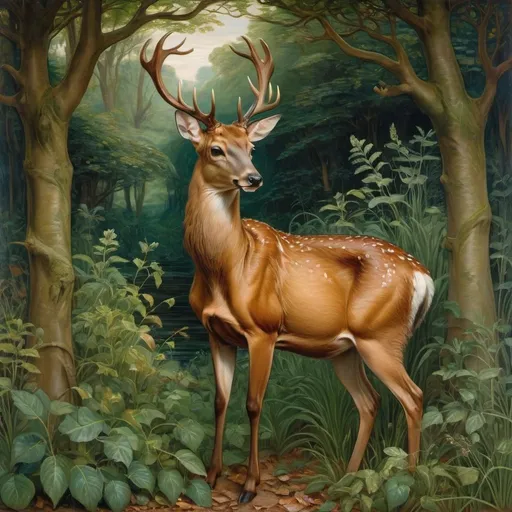 Prompt: A Pre-Raphaelite painting by a British artist of a melancholic deer wearing a flowing gown,  surrounded by lush,  symbolic foliage.