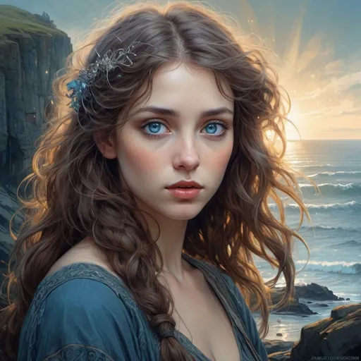 Prompt: art by cameron gray, 

portrait, beautiful mysterious young woman in her 20s, long curly dark hair, big glittering blue eyes, selkie, delicate features, fair skin, Scottish cliffs and beach in background. mysterious mood. twilight mood, enchanting, peasant 

 [[watercolor painting]], rich color, high contrast, detailed background, Jean-Baptiste Monge style, alphonse mucha style, bright, beautiful  in spring, splash, big perfect eyes, Glittering , filigree, rim lighting, lights, magic, surreal, fantasy, digital art, wlop, artgerm and james jean, cinematic, 8k, epic Steven Spielberg movie still, sharp focus, emitting diodes, smoke, artillery, sparks, racks, system unit, motherboard, by pascal blanche rutkowski, repin, artstation, hyperrealism painting, concept art of detailed character design, matte painting, 8 k resolution, blade runner, trending on artstation, sharp focus, studio photo, intricate details, highly detailed, by greg rutkowski, Broken Glass effect, no background, stunning, something that even doesn't exist, mythical being, energy, molecular, textures, iridescent and luminescent scales, breathtaking beauty, pure perfection, divine presence, unforgettable, impressive, breathtaking beauty, Volumetric light, auras, rays, vivid colors reflects