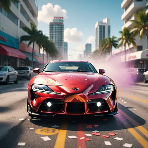 Prompt: bright sunny day beautiful cloudy sky sunset toyota supra mk4 car racing down cyberpunk Miami city streets neon signs and crowds confetti debris dust wind volumetric fog exciting epic action camera, (masterpiece:1.2) (photorealistic:1.2) (bokeh) (best quality) (detailed skin) (intricate) (8k) (HDR) (cinematic lighting) (sharp focus)