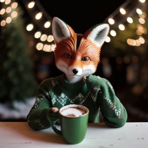 Prompt: charming red fox in a green knit sweater, winter wonderland, hot chocolate, forest green, warm, cozy vibes, string lights