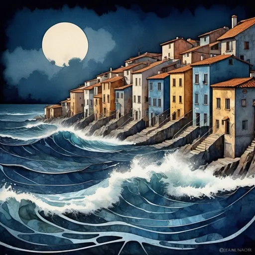 Prompt: Fishermen village, digital painting infused with Art Deco style, clashing with tempestuous sea, stylistic influences of Annigoni, Egon Schiele, Milo Manara, Sandro Botticelli, Catrin Welz-Stein, Jean Metzinger, Gustav Klimt, waves tumultuous, sea dark blue and brooding, complementary color palette, hyper-detailed, watercolor and ink splatter effects, with dark blue atmospheric backdrop for dramatic effect, rendered with digital painting, digital painting  intricate  intricate details  ultra detailed  watercolor and ink  , Broken Glass effect, no background, stunning, something that even doesn't exist, mythical being, energy, molecular, textures, iridescent and luminescent scales, breathtaking beauty, pure perfection, divine presence, unforgettable, impressive, breathtaking beauty, Volumetric light, auras, rays, vivid colors reflects