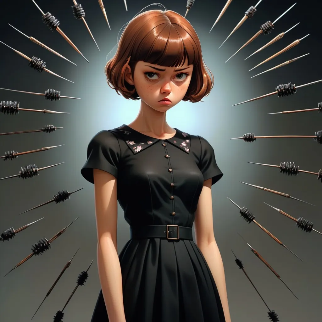 Prompt: girl with morbid thoughts wearing a black spring dress with short brown hair, queen of sharp needles and under the effect of psychosis, by Range Murata, Katsuhiro Otomo, Yoshitaka Amano, and Artgerm. 3D shadowing effect, 8K resolution.