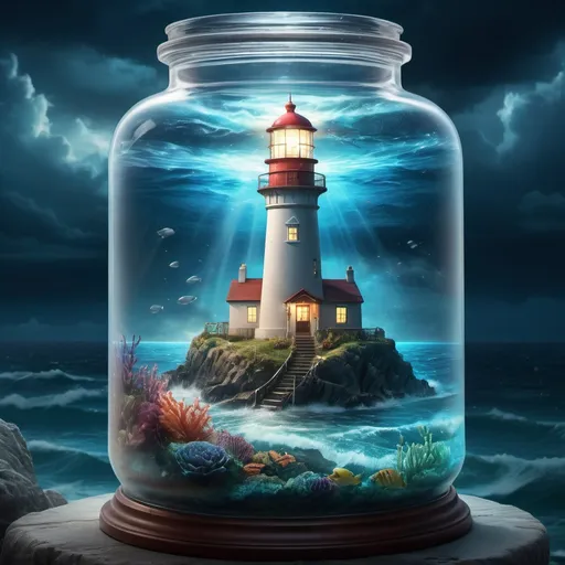 Prompt: "A closeup view Inside a beautiful  large crystal Jar we see a stunning lighthouse with a stunning underwater scene below the sea and above captured the lighthouse and a lovely village scene inside the jar, a stormy night with bright colours,the ocean is the background epic cinematic brilliant stunning intricate meticulously detailed dramatic atmospheric maximalist digital matte painting"