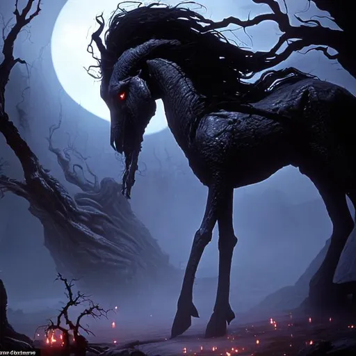 Prompt: The entity, similar to a fairy, lives in rocky mountains, by riverbanks, desolate places, and stables. It has backward feet, takes on the form of a witch, with tangled and matted red hair, typically wearing a long red dress, and is depicted braiding a majestic, frightening, strong and huge black horse's tail.