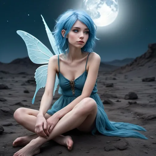 Prompt: photo-realistic beautiful slender hyper-feminine female blue-haired fairy sitting in a desolate moonscape