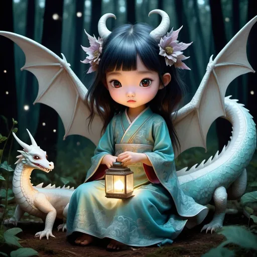 Prompt: ultra highly detailed, , cinematic, 32k, Asian folklore, detailed  ink, acrylic, by Craola, Nicoletta Ceccoli, Beeple, Jeremiah Ketner  Todd Lockwood, storybook illustration, cute  vivid tiny   Yokai  fairy   girl  and  perfect  Asian  ghost dragon, extremely big sharp  glowing   eyes, meadow, forest, night, ,stars, starry sky, fairytale, storybook, mystical, highly detailed unusual  highly detailed, intricated, intricated pose, masterpiece, high quality, ultra details, small detailing,vibrant colors, complex patterns, unreal engine,