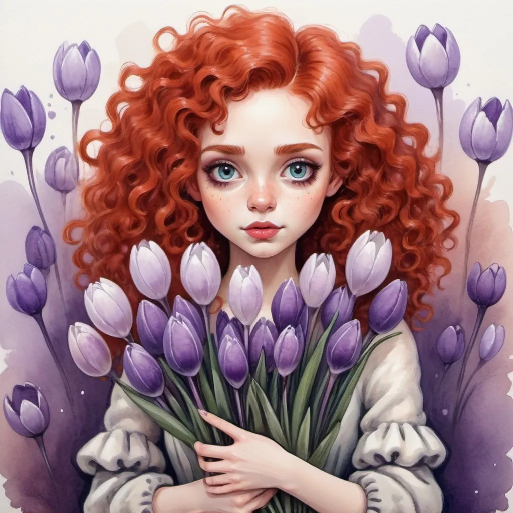 Prompt: a cute girl with red hair with curls and now a fur coat is holding a bouquet of crocuses in the style of Tim Burton
Painting with pastels, felt-tip pens and wet paints
detailed
colorful
pastel colors paintings
white, soft beige, smoky lilac
don't take your eyes off