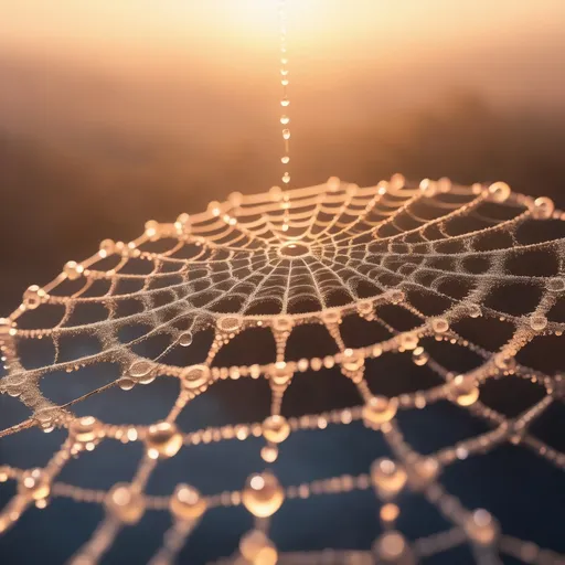 Prompt: A Mandelbrot fractal spiral made of transparent water droplets strung along a maze of spiderwebs, closeup view, illuminated as by a morning sunrise, extremely photorealistic render, bokeh, depth of field, dramatic lighting 