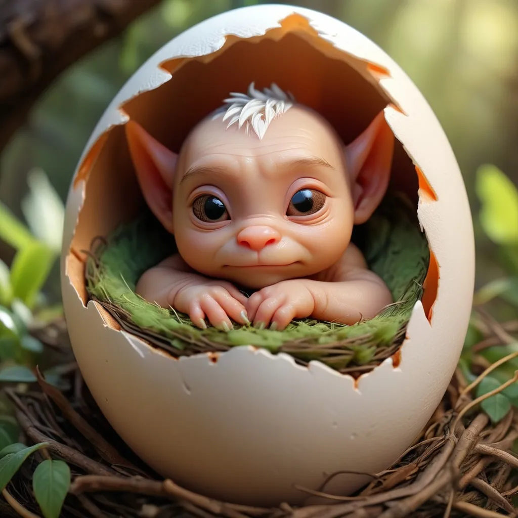 Prompt: new born, little dragon sleeping comfortable inside egg shell, warm, high quality, photo realistic, HD, 8k, homie,  cute,  morning,  nest, ranch, cute, fury, 