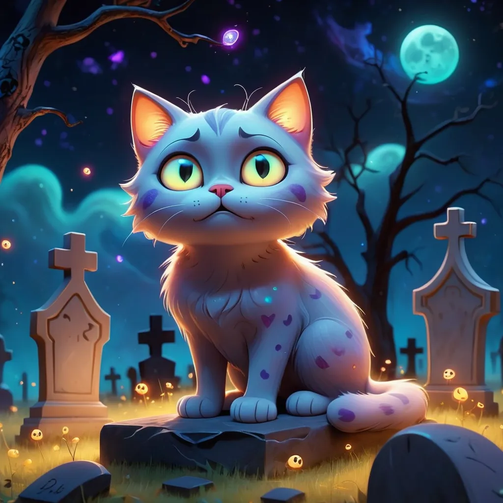 Prompt: Cute Pixar style painting, an adorable cat spirit, graveyard, midnight, translucent skin,  floating, nebula, galaxy, stars, fireflies, glowing eyes, glowing, Graves, cemetery, soft light, 4k, beautiful , gravestones, crypt, dead trees, hill