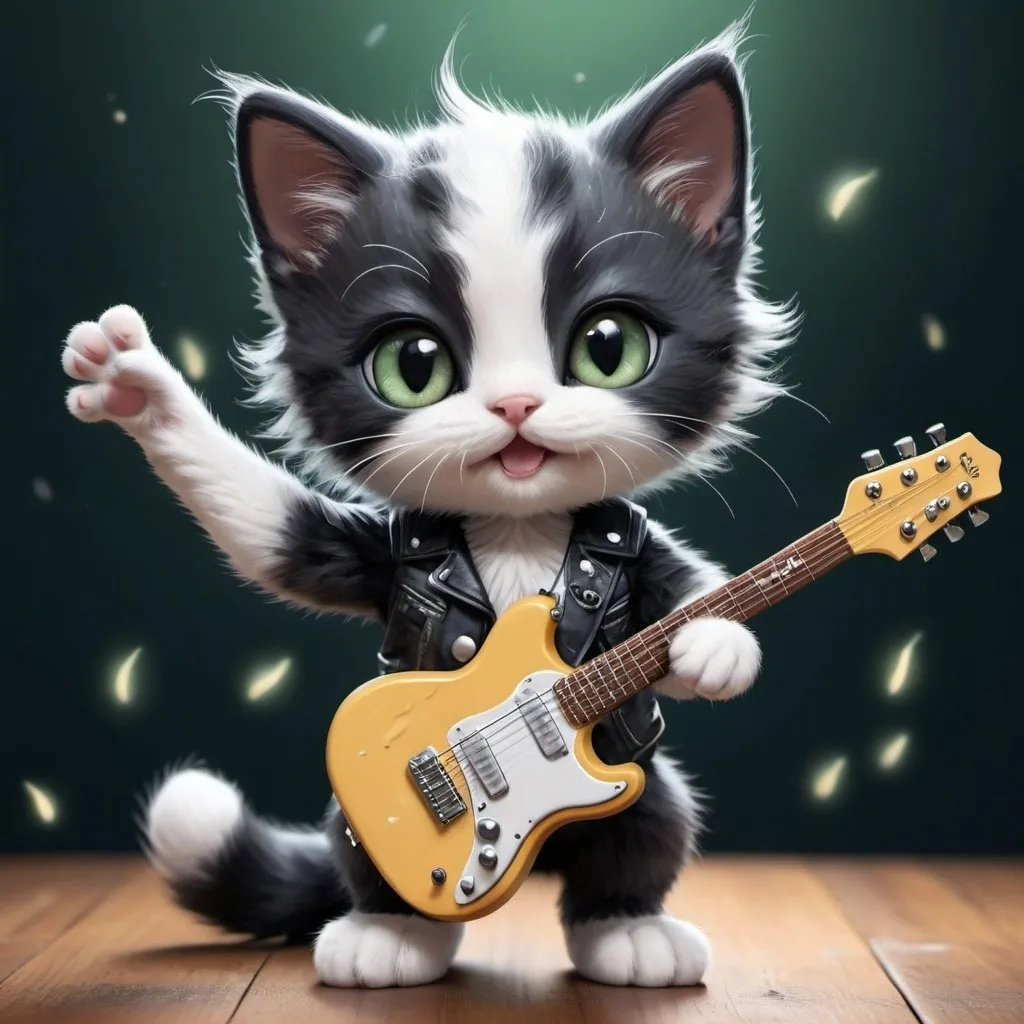Prompt: A hyper-realistic digital artwork of an adorable cute black and white kitten holding an electric guitar. The kitten is standing on its hind legs, with one paw raised as if waving or playing the guitar, looking directly at the viewer with big and blue, expressive eyes. The fur of the cat is dense and textured, with each hair finely detailed and shimmering with tiny fireflies under a dimly lit night sky. Sakura petals fall around it, adding to the magical, serene atmosphere. The color palette is dominated by shades of green and grey, emphasizing a chilly, enchanting ambiance